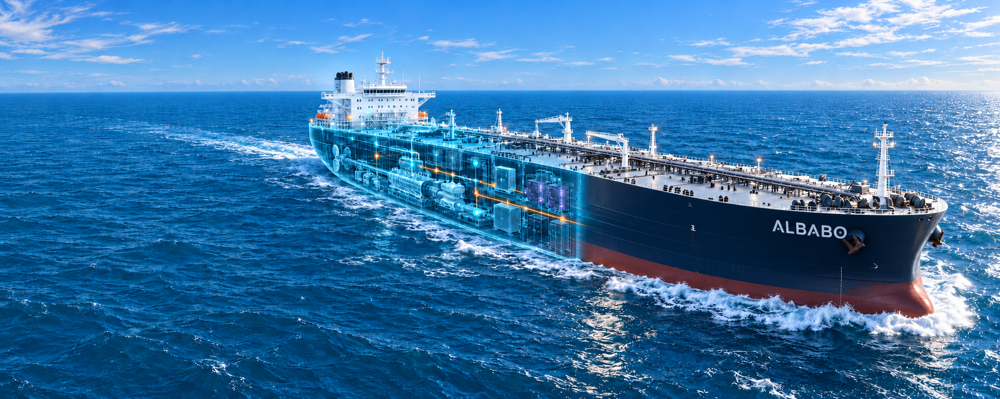 Daytime open-water conceptual VLCC tanker named ALBAB0, with a realistic forward hull and an aft digital cutaway revealing connected cyber and engineering systems