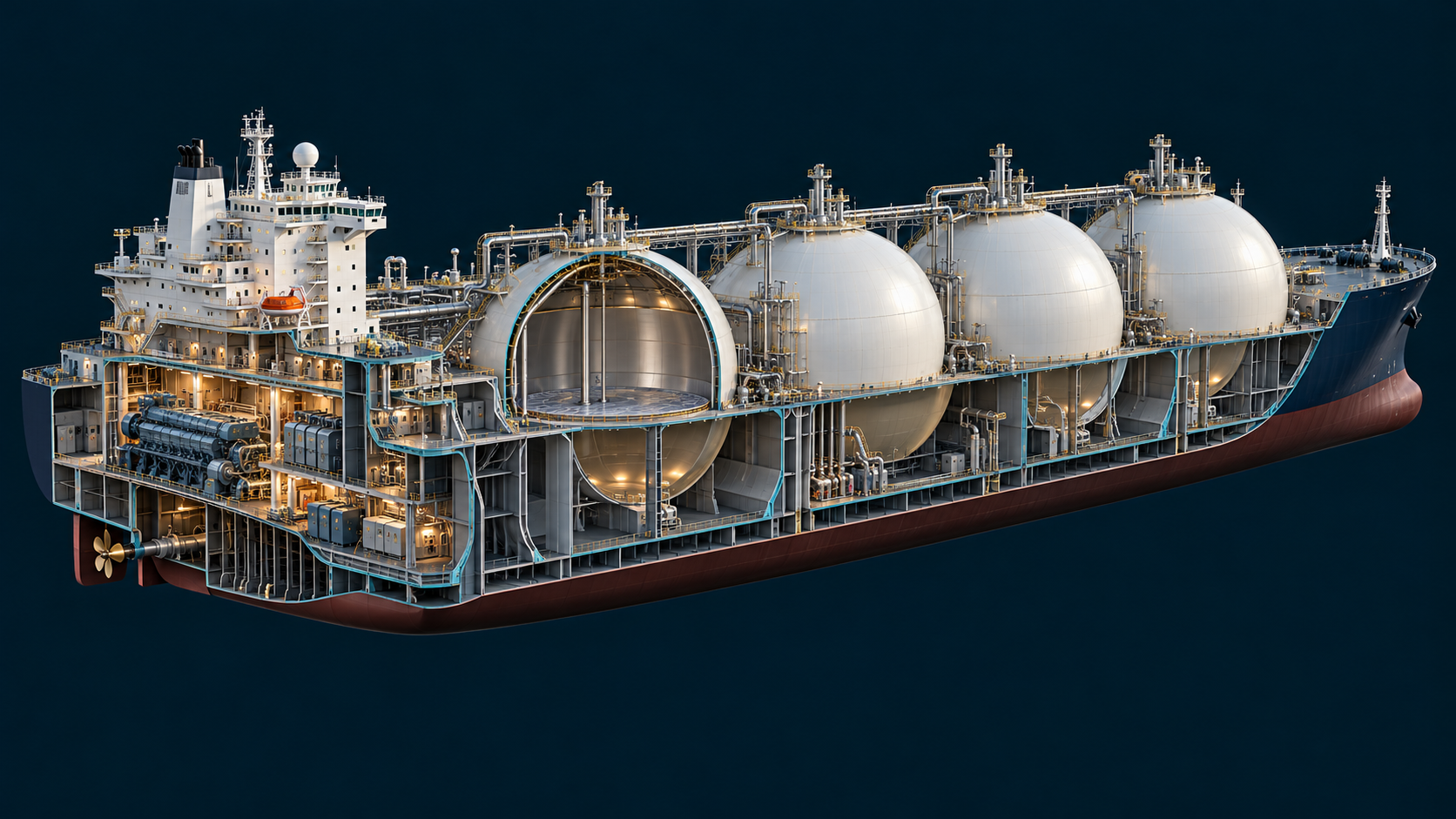 HD laser-style cutaway of an LNG gas carrier revealing spherical containment tanks, double hull, cargo piping and aft engine-room machinery