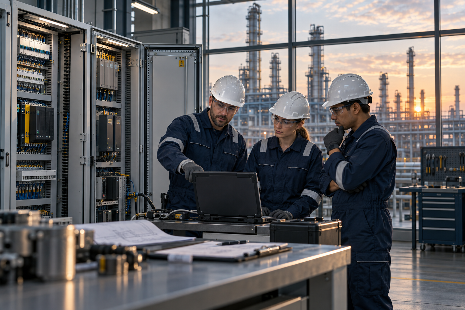 Illustration of engineers witnessing control cabinet acceptance tests in a refinery setting